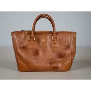Authentic Tory Burch Robinson Perforated Tote Double Zip Satchel Brown No Strap